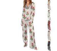 Pijama de Navidad con cuello en V para mujer, conjunto de pijama de Navidad para mujer, cómodo y ligero, ropa de dormir de dos piezas, ajuste regular, manga larga, ropa de dormir festiva y colorida