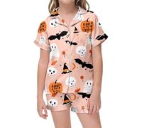 Pijama de Niña para Halloween Conjunto de 2 Piezas Pijama para Niños con Estampado Gráfico, Manga Corta, Camisa Y Pantalones Cortos, 2-13 Años