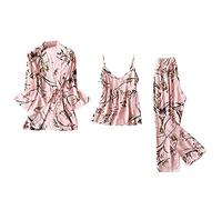 Pijama de satén para mujer, conjunto de pijama de 3 piezas con bata con estampado floral, ropa de descanso, camisola y pantalones de pierna ancha, bata de manga larga, camisón cómodo, beige, XL