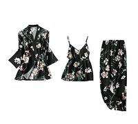 Pijama de satén para mujer, conjunto de pijama de 3 piezas con bata de baño con estampado floral, ropa de descanso, camisola y pantalones de pierna ancha, bata de manga larga, camisón cómodo, Negro