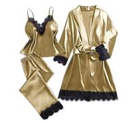 Pijama de satén para mujer, conjunto de pijama de seda de 3 piezas, sexy | Bata de baño con encaje floral, ropa de noche, bata corta, ligera, ropa interior bonita para descansar, fiesta