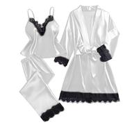 Pijama de satén para mujer, conjunto de pijama de seda de 3 piezas, sexy | Bata de baño con encaje floral, ropa de noche, bata corta, ligera, ropa interior bonita para descansar, fiesta