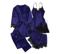 Pijama de satén para mujer, conjunto de pijama de seda de 3 piezas, sexy | Bata de baño con encaje floral, ropa de noche, bata corta, ligera, ropa interior bonita para descansar, fiesta