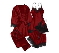 Pijama de satén para mujer, conjunto de pijama de seda de 3 piezas, sexy | Bata de baño con encaje floral, ropa de noche, bata corta, ligera, ropa interior bonita para descansar, fiesta