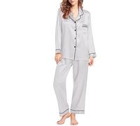 Pijama de satén para mujer, talla grande, conjunto de pijama de manga larga con botones y bolsillos, puños y cuello en V, túnica con pantalones cómodos, ligeros, holgados, gris, L