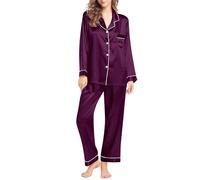 Pijama de seda con botones para mujer, conjuntos de ropa de descanso para | Camisones y camisones de manga larga para mujer, holgados, casuales, con solapa y bolsillos, ropa de dormir