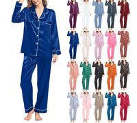 Pijama de seda con botones para mujer, ropa de descanso, talla grande | Camisones y camisones, de manga larga, holgados, casuales, con solapa y bolsillos, ropa de dormir para descansar