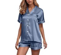 Pijama de seda para mujer, pijamas de verano para mujer, conjunto de pijamas camisa de manga corta abierta con botones cortos pijama conjunto de seda camisa de noche completo mujer verano con cuello