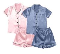 Pijama de seda satinada para mujer, conjunto de pantalones cortos, pijama con botones para mujer, manga corta, cuello en V, túnica con pantalones cortos con cuello y bolsillo, puños y bordes de color