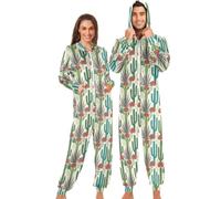 Pijama de una pieza para adultos, dobladillo con puños, bolsillo canguro, ropa de dormir de Navidad, Cactus con patrón de suculentas, XL
