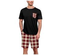 Pijama Dos Piezas A Cuadros con Manga Corta, Detalle De Bolsillo Y Tejido Suave, Ropa hogar práctica para Dormir Momentos Ocio Tranquilo