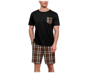 Pijama Dos Piezas A Cuadros con Manga Corta, Detalle De Bolsillo Y Tejido Suave, Ropa hogar práctica para Dormir Momentos Ocio Tranquilo