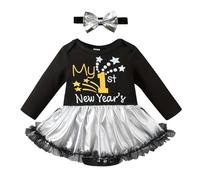 Pijama Entero Niña 8 Años - Mi Primer Atuendo De Año Nuevo para Bebé Niña Conjunto De Vestido De Mameluco De Manga Larga con Diadema De Lazo (Black 18-24 Months)