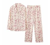 Pijama estampado para mujer, pijama de manga larga con botones, blusa con cuello de solapa y pantalones de cintura elástica, pantalones de pierna ancha, pantalones de longitud completa, ropa de dormir