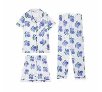 Pijama genérico de 3 piezas para mujer de gran tamaño, pijama de verano con botones, conjunto casual de casa 2026 nuevo salón impreso con patrón ropa de dormir chic pijama conjunto lindo pijama, azul