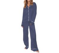 Pijama genérico para mujer, seda y manga larga, top con botón, conjunto de 2 piezas, pantalón fluido, ropa de cama, ropa de dormir informal, 2 unidades, pijama de satén para mujer, conjunto de 2, azul