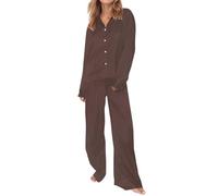 Pijama genérico para mujer, seda y manga larga, top con botón, conjunto de 2 piezas, pantalón fluido, ropa de cama, ropa de dormir informal, 2 unidades, pijama de satén para mujer, conjunto de 2, café