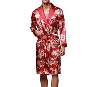 Pijama Hombre Invierno Divertido - de Seda de Hielo para Parejas Bata de Baño Informal de Verano Bata de Baño de Manga Larga Ropa de Casa (Red XXL)