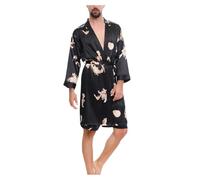 Pijama Hombre Invierno Tallas Grandes, Bata de Seda Ligera de Manga Corta para, Bata de baño Suave, Kimono con Abertura Frontal, Ropa de Dormir para el hogar, SPA, relajación y Comodidad. (Black, L)
