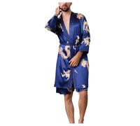 Pijama Hombre Invierno Tallas Grandes, Bata de Seda Ligera de Manga Corta para, Bata de baño Suave, Kimono con Abertura Frontal, Ropa de Dormir para el hogar, SPA, relajación y Comodidad. (Blue, L)