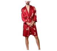 Pijama Hombre Invierno Termico - Bata de Seda Ligera de Manga Corta para, Bata de baño Suave, Kimono con Abertura Frontal, Ropa de Dormir para el hogar, SPA, relajación y Comodidad. (Red, XL)