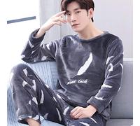 Pijama Hombre Mangas Largas Set,Espesura Franela Hombres Pijamas De Dos Piezas De Moda Impresión Ropa Casera Suelta Suave Ropa De Hogar Pijamas Caliente Invierno 2 Piezas / Conjunto, Pluma Gris, Xxl