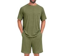 Pijama Hombre Verano Color Liso con Bolsillo - Ropa Hombre Verano Tshirt Manga Corta Cuello Redondo Y Shorts, Pijama 2 Piezas Transpirable Classic Cómodos Verde Militar XL