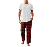 Pijama Homem Algodão - Informal de Manga Corta con Bolsillo Pantalones A Cuadros con Cordón Ropa Cómoda para Estar En Casa (Red M)