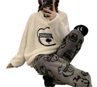 Pijama Invierno Mujer Pijamas gruesos y cálidos de talla grande for mujer, pijamas de manga larga for otoño e invierno, cálidos dibujos animados de lana Coral for estudiantes(White,XL(60-70kg))