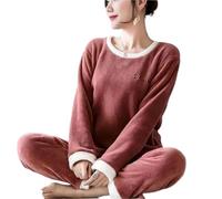 Pijama Invierno Mujer Pijamas gruesos y cálidos de talla grande for mujer, pijamas de manga larga for otoño e invierno, cálidos dibujos animados de lana Coral for estudiantes(Wine Red,XL(60-70kg))