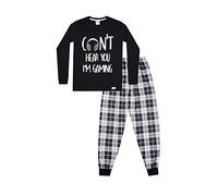 Pijama largo de algodón a cuadros para niños con texto en inglés "Can't Hear You I'm Gaming", Negro, 15-16 años