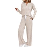 Pijama largo de algodón para mujer, conjunto de pijama cómodo, ropa de salón de dos piezas, de manga larga, pijama superior, pantalones, ropa de dormir acogedora para sala de estar o casa, beige, XL