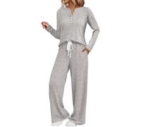 Pijama largo de algodón para mujer, conjunto de pijama cómodo, ropa de salón de dos piezas, de manga larga, pijama superior, pantalones, ropa de dormir acogedora para sala de estar o casa, Light Ashy