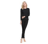 Pijama largo de algodón para mujer, conjunto de pijama suave, ropa de salón de dos piezas, manga larga, pijama, pantalón, ropa de dormir, cuello en V, ropa de dormir para sala de estar o casa, Negro