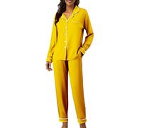 Pijama largo de algodón para mujer, conjunto de pijama suave, traje de casa de dos piezas, manga larga, ropa de dormir, transpirable, para todas las estaciones, amarillo, M