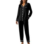 Pijama largo de algodón para mujer, conjunto de pijama suave, traje de casa de dos piezas, manga larga, ropa de dormir, transpirable, para todas las estaciones, Negro , S