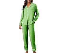 Pijama largo de algodón para mujer, conjunto de pijama suave, traje de casa de dos piezas, manga larga, ropa de dormir, transpirable, para todas las estaciones, verde, M