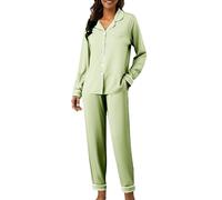 Pijama largo de algodón para mujer, conjunto de pijama suave, traje de casa de dos piezas, manga larga, ropa de dormir, transpirable, para todas las estaciones, Verde claro., S
