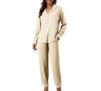 Pijama largo de algodón para mujer, conjunto de pijama suave, traje de casa de dos piezas, manga larga, ropa de dormir, transpirable, para todas las estaciones, beige, XXL