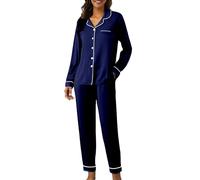 Pijama largo de algodón para mujer, conjunto de pijama suave, traje de casa de dos piezas, manga larga, ropa de dormir, transpirable, para todas las estaciones, azul oscuro, M