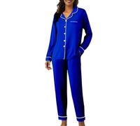 Pijama largo de algodón para mujer, conjunto de pijama suave, traje de casa de dos piezas, manga larga, ropa de dormir, transpirable, para todas las estaciones, azul, XXL