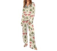 Pijama largo de algodón para mujer, traje de casa para mujer, de algodón, ancho con tira de botones, largo, motivos divertidos, pijama de Navidad, ropa de dormir, ropa de salón, dos piezas, suave y