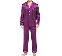 Pijama largo de satén para mujer Elgegant, ropa de dormir monocolor, 2 piezas, cuello en V, camisa con botones y pantalones de pijama, ropa de dormir suave, ropa de dormir clásica, O Púrpura, 5X-Large