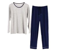 Pijama largo para hombre Conjunto de pijama de dos piezas con pantalones de dormir y camisón de manga larga traje de casa de algodón traje de ocio cuello redondo camiseta de manga larga primavera