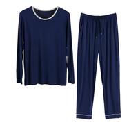 Pijama largo para hombre Conjunto de pijama de dos piezas con pantalones de dormir y camisón de manga larga traje de casa de algodón traje de ocio cuello redondo camiseta de manga larga primavera