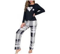 Pijama largo para mujer, conjunto de pijama de algodón estampado de dos piezas, manga larga, ropa de dormir con bolsillos, para otoño e invierno, R negro., S