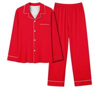 Pijama largo para mujer, informal, liso, largo, con cuello en V y bolsillo, rojo, XXL