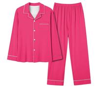 Pijama largo para mujer, informal, liso, largo, con cuello en V y bolsillo, Rosa intenso., XXL