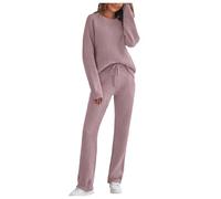 Pijama largo para mujer, mullido, cálido, conjunto de pijama de forro polar, ropa de dormir de 2 piezas, suéter y pantalones de felpa con cordón, monocolor, suelto, ocio, cómodo, O Light Purple, XXL