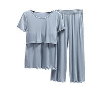 Pijama manga ropa de dormir para lactancia, camiseta y conjunto de camiseta para bebé, pantalones cortos, ropa de maternidad para dormir, ropa de maternidad de invierno (azul, M)